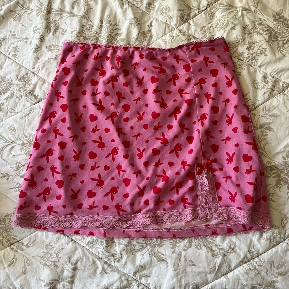 Playboy Pink Heart Patterned Skirt with Lace Trim